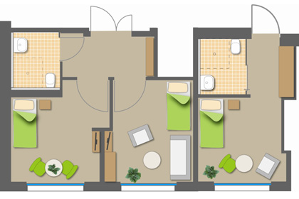 Neben den Einzelzimmern 
                bietet das Haus insgesamt 6 Dubletten.